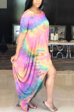 Orange Milk. Fashion adult Ma'am Street Cap Sleeve Short Sleeves O neck Princess Dress Floor-Length Print Tie and dye asymmetrical Dresses