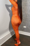 Orange Fashion Sexy Adult Print O Neck Long Sleeve Cap Sleeve Two Pieces