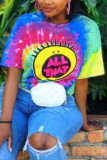 colour Chemical fiber blend O Neck Short Sleeve Print Tie Dye scrawl Tops