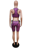 Rose Red Sexy Print Hollowed Out U Neck Sleeveless Two Pieces
