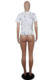 White Blue Yellow purple colour O Neck Short Sleeve Patchwork Print Character Tops
