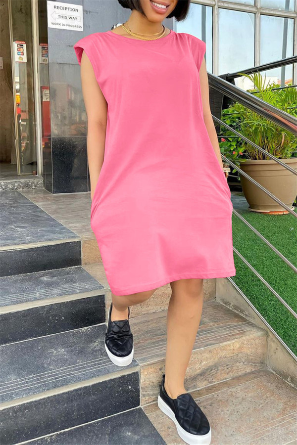 Pink Fashion Casual Solid Basic O Neck Sleeveless Dress