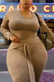 Khaki Fashion adult Ma'am OL O Neck Solid Two Piece Suits Plus Size