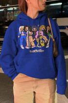 Royal Blue Casual Print Hooded Collar Tops
