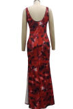 Blue Sexy Print High Opening Spaghetti Strap Irregular Dress Dresses