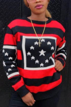 Red Fashion Casual Print Basic O Neck Tops