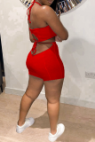 Red Sexy Solid Hollowed Out Halter Sleeveless Two Pieces