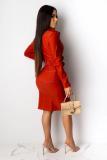 Red Sexy Fashion adult Cap Sleeve Long Sleeves Notched Straight Knee-Length Solid Patchwork ba
