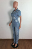 Dark Blue Fashion Casual Solid Zipper Turndown Collar Regular Jumpsuits