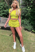 Yellow Sexy Fashion Patchwork ruffle Solid Straight Sleeveless Two-Piece Short Set