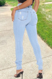 The cowboy blue Street Solid Ripped Make Old Mid Waist Skinny Denim Jeans