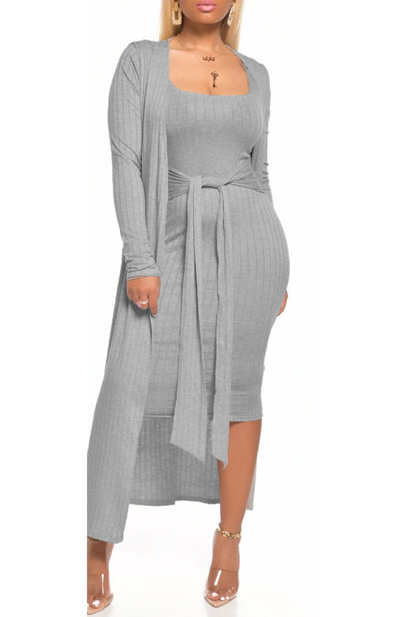 Grey Milk Silk Sexy Patchwork Solid Bandage pencil Long Sleeve Two Pieces