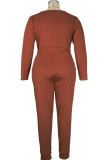 Brown Casual Twilled Satin Solid V Neck Plus Size 