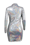Silver Sexy Fashion Cap Sleeve Long Sleeves O neck Step Skirt Mini Sequin Patchwork hollow out 