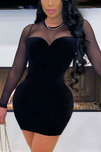 Black Sexy Solid Patchwork O Neck Wrapped Skirt Dresses