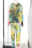 Blue Sportswear Spandex Blends Print Draw String Tie-dye Hooded Collar Long Sleeve Regular Sleeve Regular Two Pieces