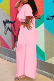 Pink Fashion Casual Solid Basic Square Collar Short Sleeve Two Pieces