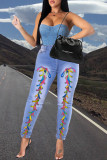 Medium Blue Fashion Casual Solid Strap Design High Waist Regular Jeans