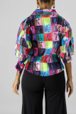 colour Chemical fiber blend Mandarin Collar Long Sleeve Plaid Print Tops
