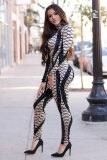 Grey Elastic Fly Long Sleeve Mid Print Patchwork pencil Capris Jumpsuits & Rompers