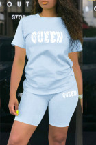Baby Blue Casual Letter Patchwork O Neck Short Sleeve Two Pieces