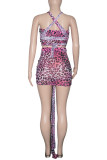 Pink Sexy Print Bandage Patchwork Halter Sleeveless Two Pieces