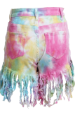 Pink Sexy Patchwork Tassel Tie-dye High Waist Regular Denim Shorts