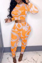 Tangerine Sexy Print Patchwork O Neck Long Sleeve Two Pieces