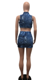 Blue Sexy Print Patchwork Mandarin Collar Sleeveless Two Pieces