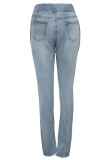 Light Blue Denim Elastic Fly Sleeveless High Hole Solid washing Patchwork pencil Pants 