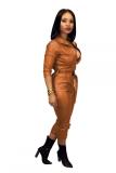 Brown Fashion Sexy Solid bandage zipper PU Long Sleeve Turndown Collar 