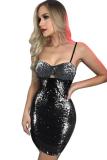 Silver adult Fashion Sexy Spaghetti Strap Sleeveless Slip Step Skirt skirt Sequin Solid Club Dre