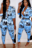 Yellow Fashion Sexy Slim fit Two Piece Suits Geometric Letter asymmetrical Print Skinny Half Slee