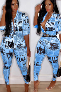 Blue Fashion Sexy Slim fit Two Piece Suits Geometric Letter asymmetrical Print Skinny Half Slee