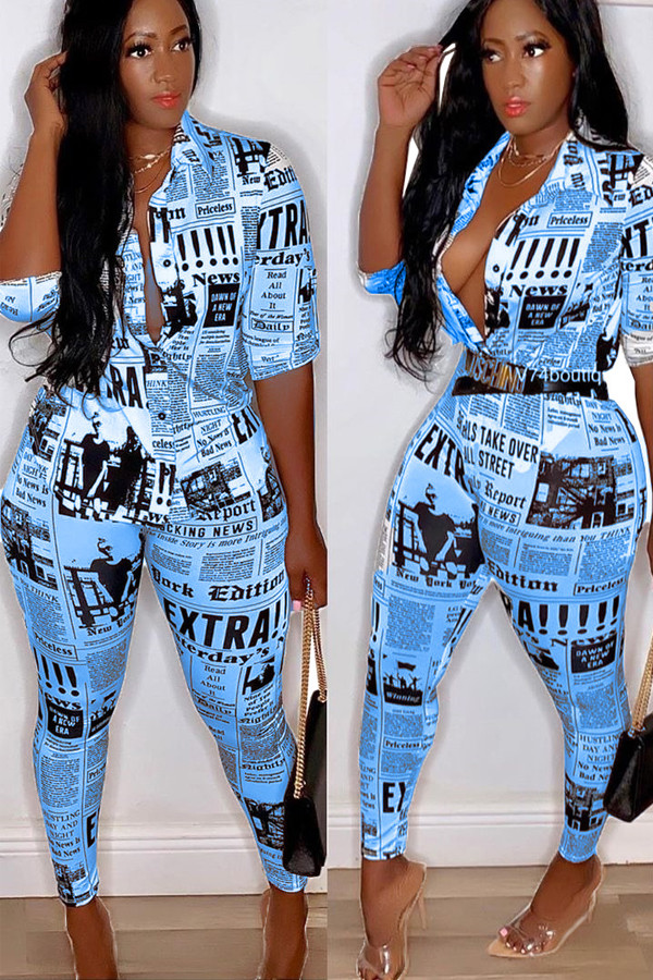 Blue Fashion Sexy Slim fit Two Piece Suits Geometric Letter asymmetrical Print Skinny Half Slee
