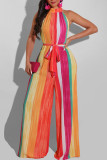 Red Elegant Striped Bandage Patchwork Half A Turtleneck Loose Jumpsuits