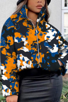 Orange Fashion Casual Print Basic Mandarin Collar Outerwear