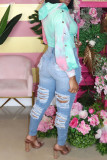 Light Blue Denim High Hole pencil Pants Bottoms