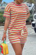 Red Casual Striped Print Patchwork O Neck Short Sleeve Two Pieces