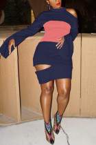 Navy Blue Lightly cooked One Shoulder Long Sleeves O neck Step Skirt Mini Patchwork hole Dresses