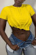Yellow Fashion Casual Solid Asymmetrical O Neck T-Shirts