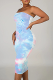 Green Sexy Patchwork Tie-dye Strapless Pencil Skirt Dresses