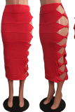 Black Sexy Solid Hollowed Out Skinny Mid Waist Pencil Solid Color Bottoms