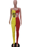 Yellow Red Fashion Sexy Letter Print Patchwork Backless Fold O Neck Skinny Jumpsuits