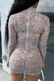 Blue Street Print Mandarin Collar Wrapped Skirt Dresses
