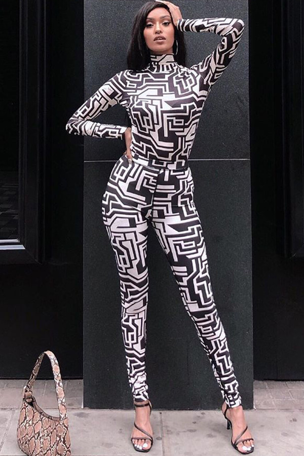Black Sexy Two Piece Suits Patchwork Striped pencil Long Sleeve