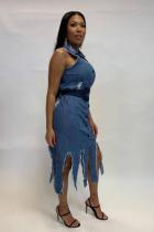 Light Blue The cowboy adult Sexy Fashion Tank Sleeveless Turndown Collar Asymmetrical Mid-Calf Solid hollow out