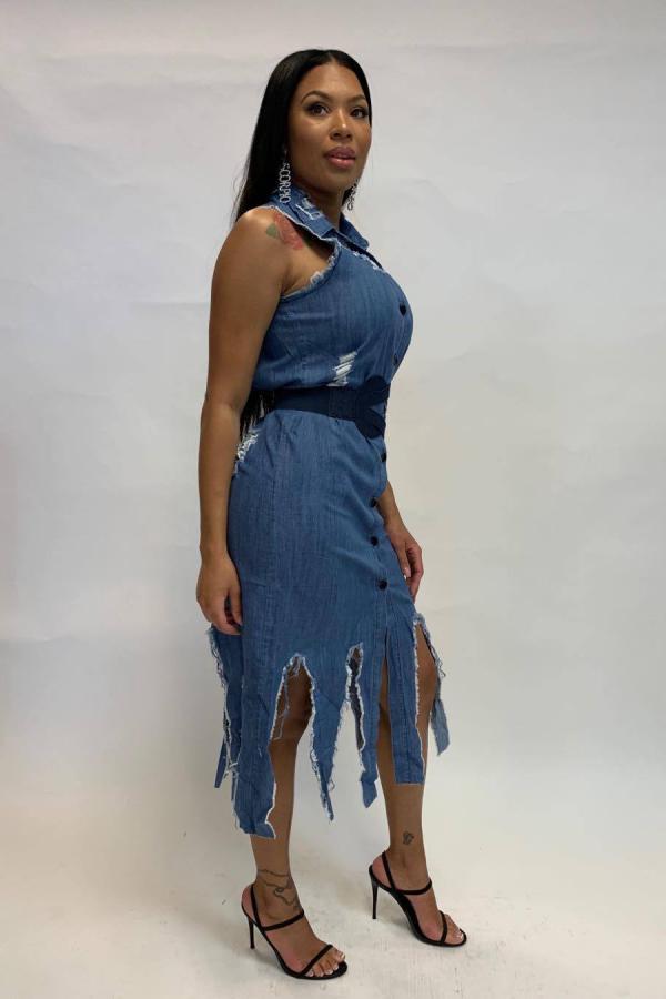 Light Blue The cowboy adult Sexy Fashion Tank Sleeveless Turndown Collar Asymmetrical Mid-Calf Solid hollow out