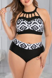 Black Sexy Print Hollowed Out O Neck Plus Size Swimwear