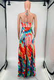 Multicolor Fashion Sexy Print Bandage Hollowed Out Backless Halter Long Dress